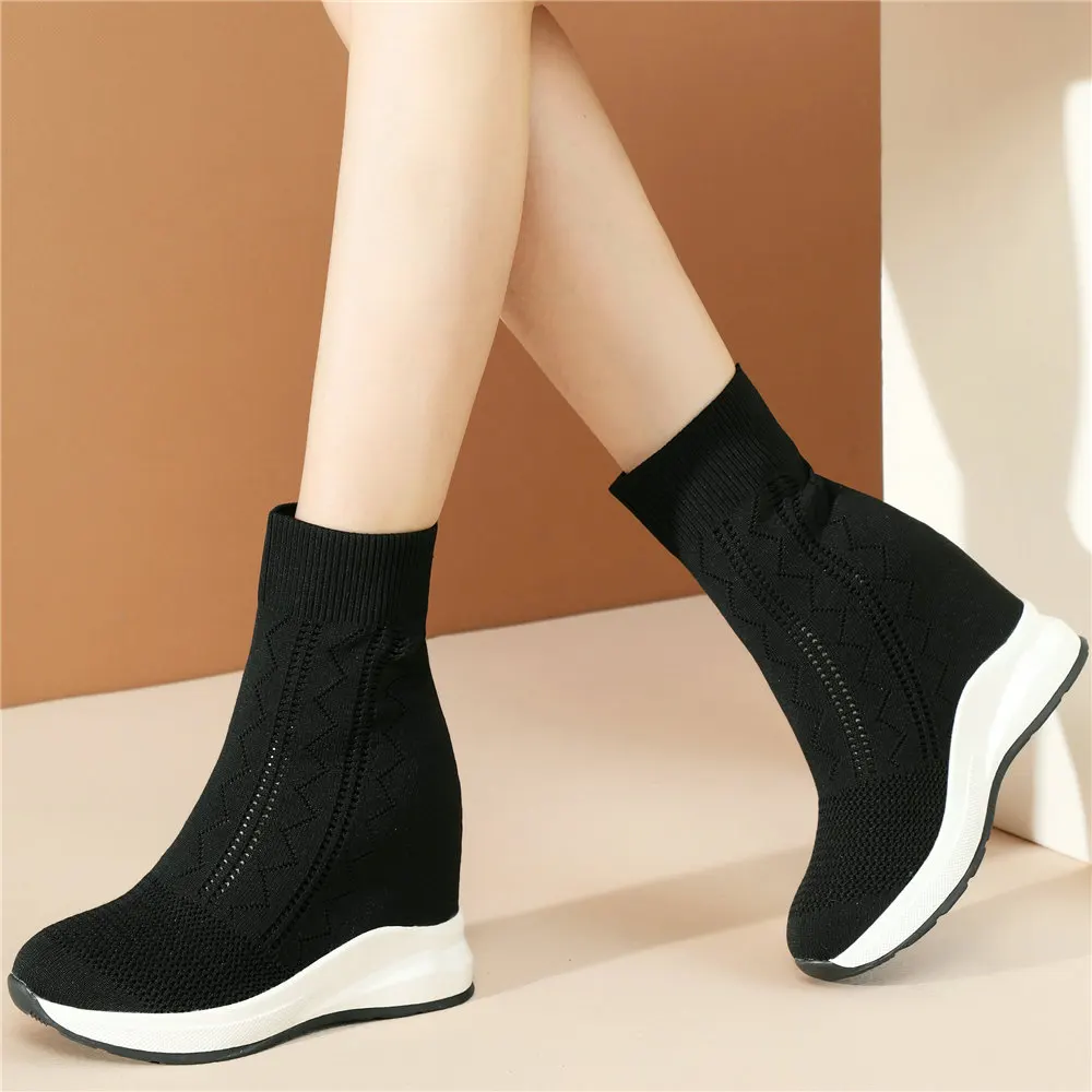 Hoge Top Creepers Vrouwen Breien Wiggen Hoge Hak Enkellaarsjes Vrouwelijke Ronde Neus Chunky Platform Mode Sneakers Casual Schoenen