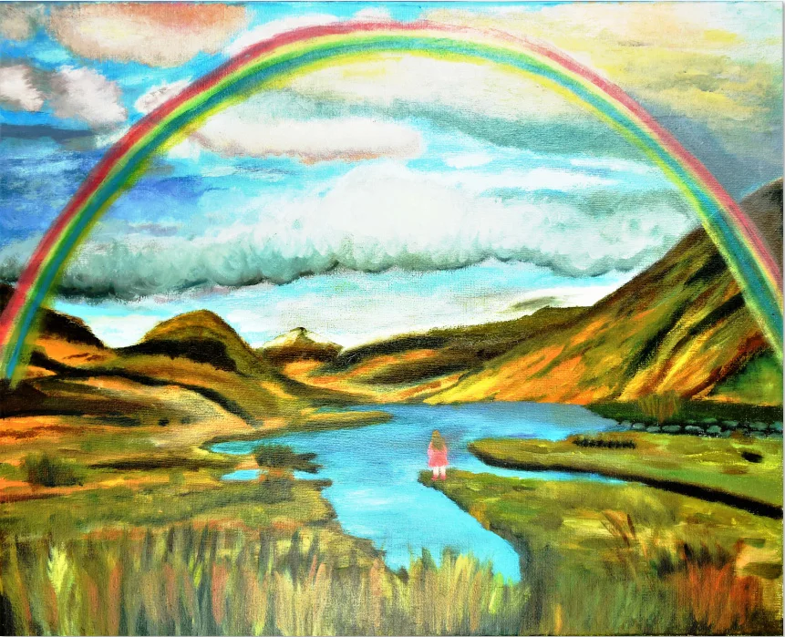 7x5FT Beautiful Drawing Watercolor Rainbow Valley Among Mountains Blue Lake Custom Photo Backdrop Background Vinyl 220cm X 150cm