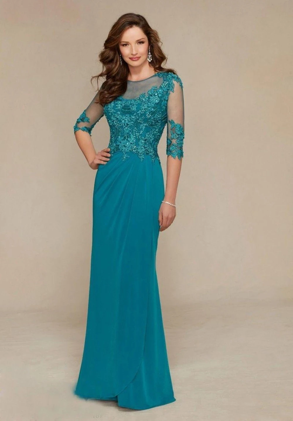 Teal Mother Of The Bride Dresses Mermaid Half Sleeves Appliques Beaded Plus Size Long Groom Mother Dresses Wedding Customized