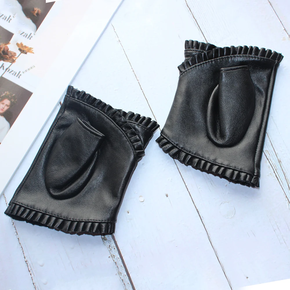 New Fashion Women Genuine Leather Sheepskin Fingerless High Quality Outdoor Driving Black Gloves Spring and Autumn