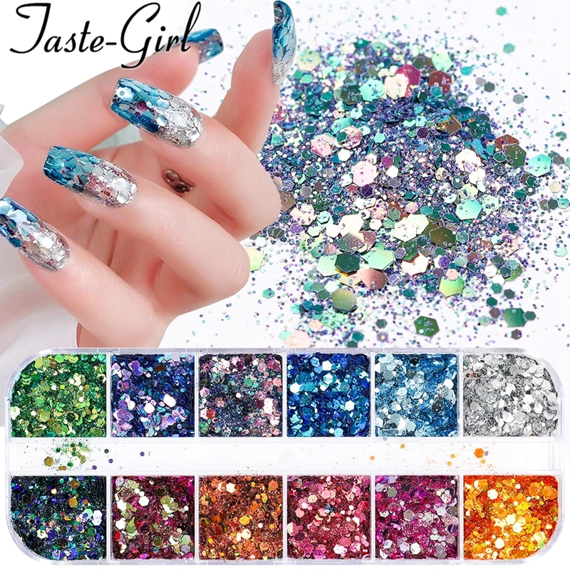 

1 Box Acrylic Nail Art Decoration Accessories Hexagon Sequins Decals Kit Glitter Fake Nails Supplies For Professionals Designer