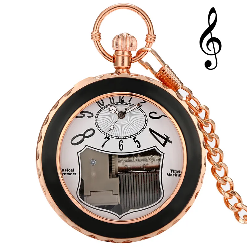 Rose Gold Merry Christamas Musical Pocket Watch Xmas FOB Clock Quartz Movement Men Women Pendant Chain Watches Luminous Hands