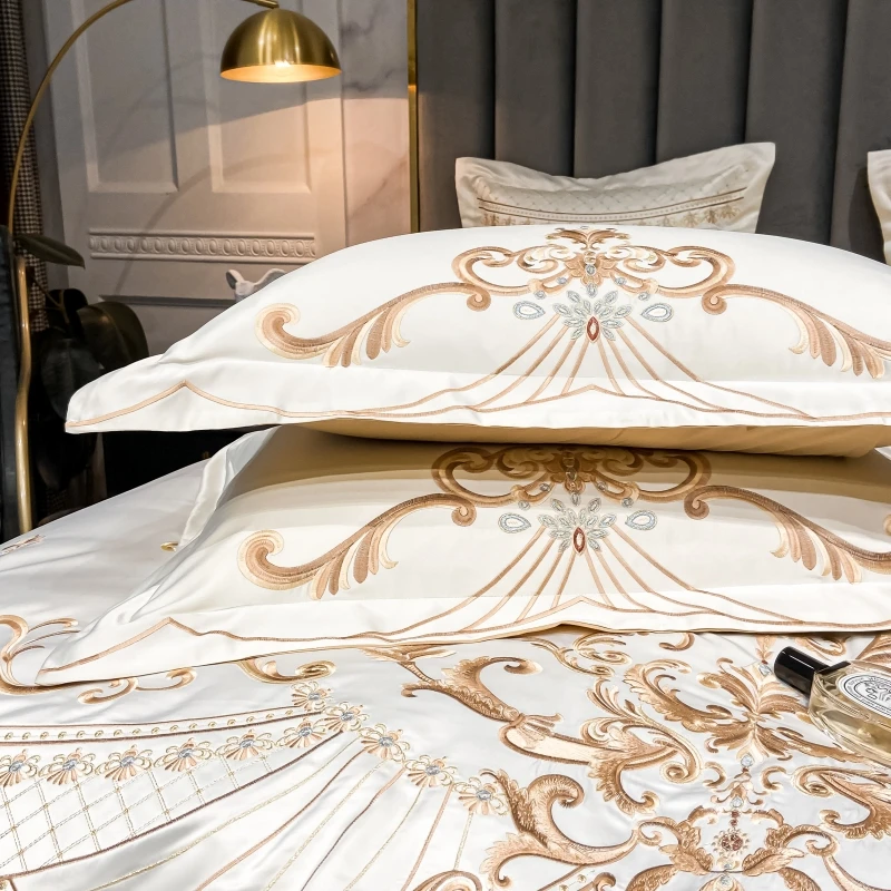 Imagem -06 - Golden Embroidery Duvet Cover Conjunto Queen King Size Pearl White Satin Cama de Algodão Lençol Colcha Fronhas Têxteis-lar