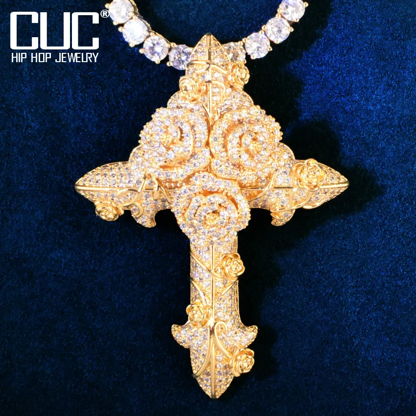 

Rose Flower Jesus Cross Hip Hop Pendant Men Necklace Chain For Women Cubic Zirconia Rock Rapper Jewelry