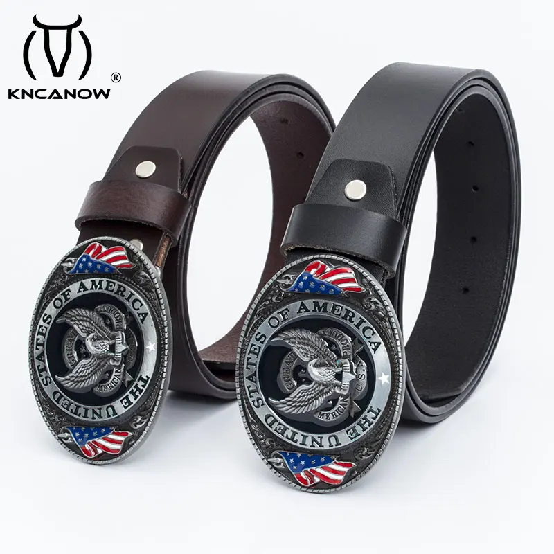 Genuine Leather Men Belt Luxury Eagle New American Flag Metal Punk Buckle High Quality Male Cowboy Jeans Gift Waistband Strap