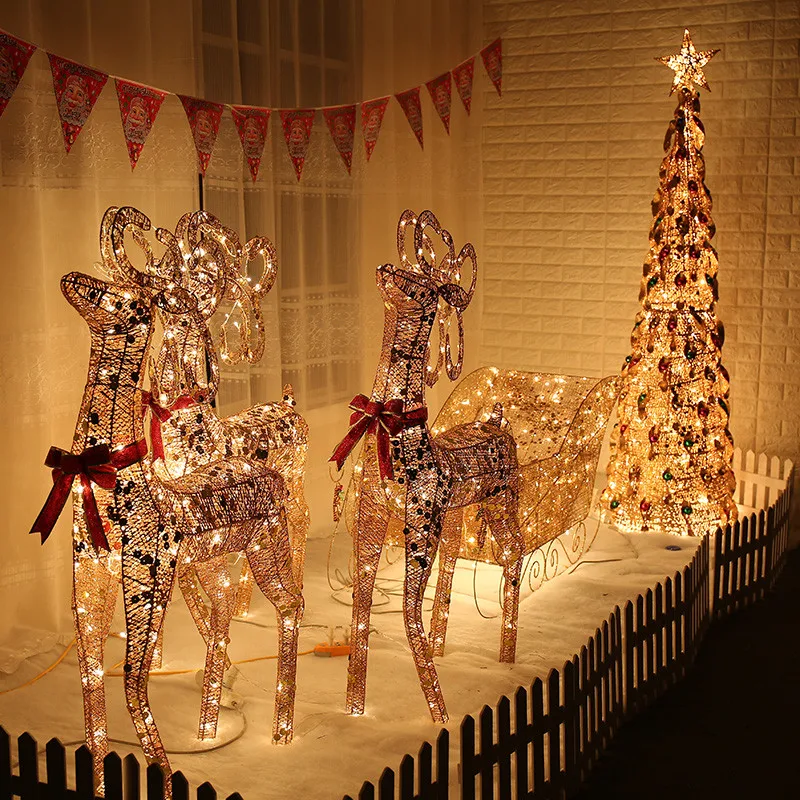 2022 Christmas luminous wrought iron elk cart ornaments Christmas elk ornaments Christmas hotel store decoration ornaments