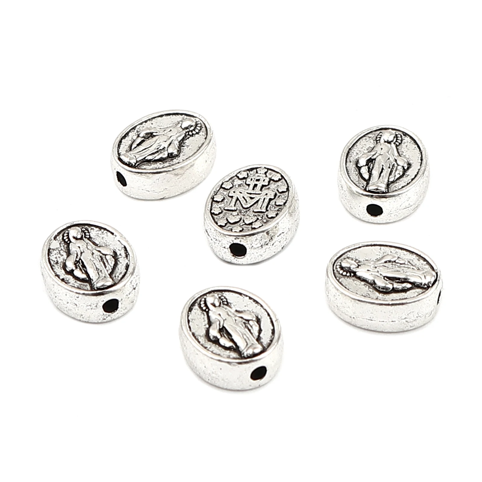 DoreenBeads 50 PCs Vintage Religious Spacer Beads DIY Jewelry Oval Antique Silver Color Virgin Mary For Women Men 10mm x 8mm