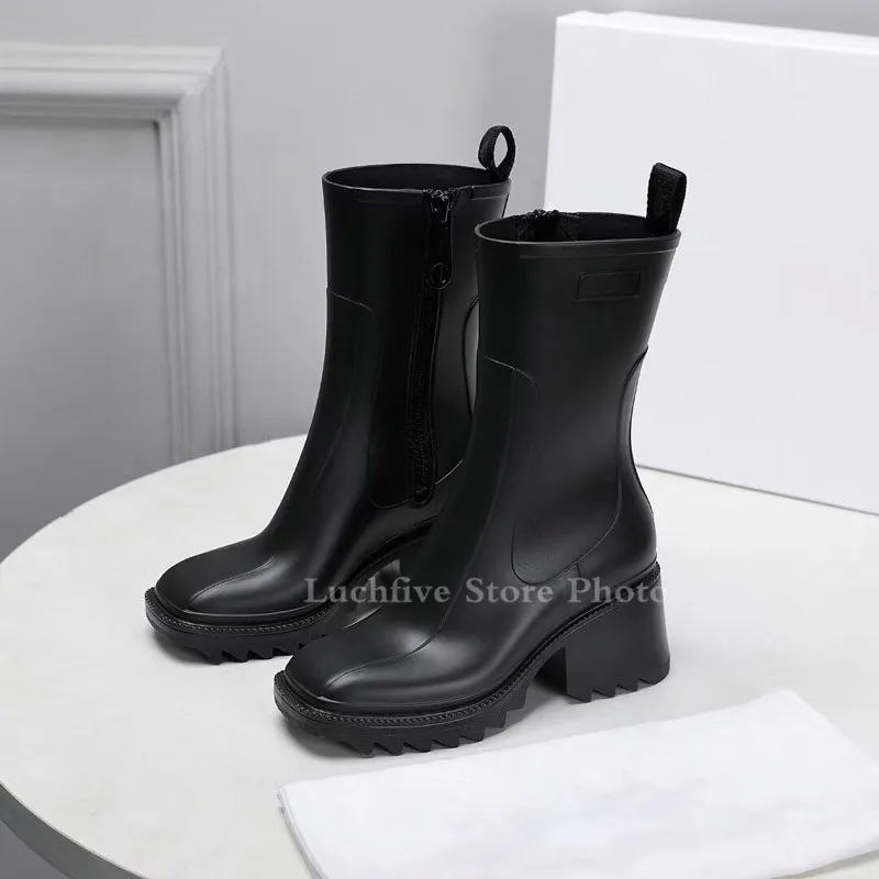 2021 Hot Sale PVC Mid-calf Boots Women British Style Chunky heel Short Boots Brown Black Fashion Luxury Brand Boots botas mujer