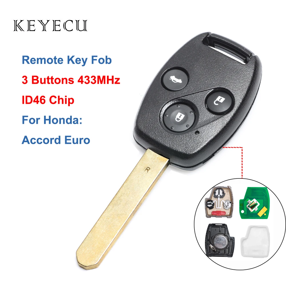 Keyecu Remote Key Fob 3 Buttons 433Mhz ID46 Chip for Honda Accord Euro 2007 2008 2009 New Keyless Entry Car Key