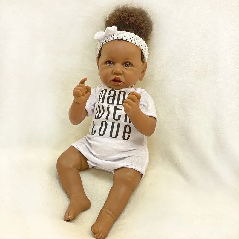 55CM Reborn Baby Dolls African American Girl Doll with Rooted Curly Hair Munecas Bonecas Bebe Reborn Kids Toy Gifts