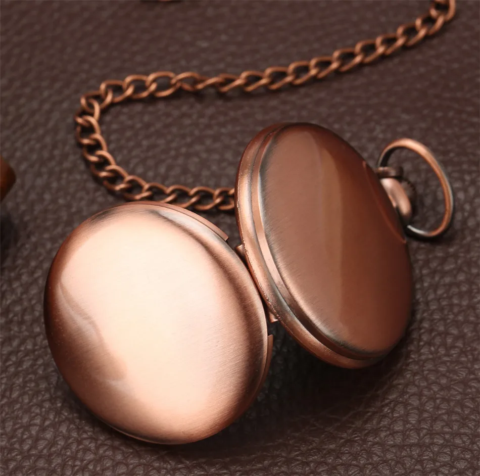 Vintage Red Copper Pocket Watch Double Smooth Hunters Arabic Numerals Display Punk Pocket Chain Pendant Clock Quartz Movement