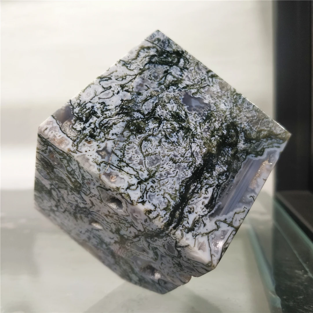 Natural Ocean Grass Agate Moss Agate Crystal Cube Mineral Quartz Cubic Square Craft House Decorative Item Stones Ornament Modern