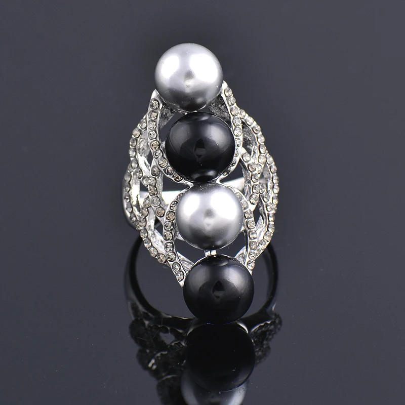 SINLEERY Black Acrylic Ball With Gray Simulated Pearl Long Rings For Women Silver Color Crystal Vintage Jewelry JZ168