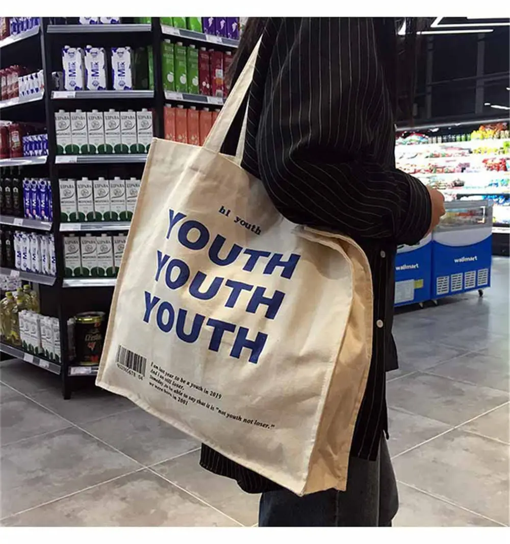 

Women Fashion Street Large Capacity Shopping Bag YOUTH Letters Print Shoulder Bag Eco Handbag Canvas Bag Grocery Shopper Bags