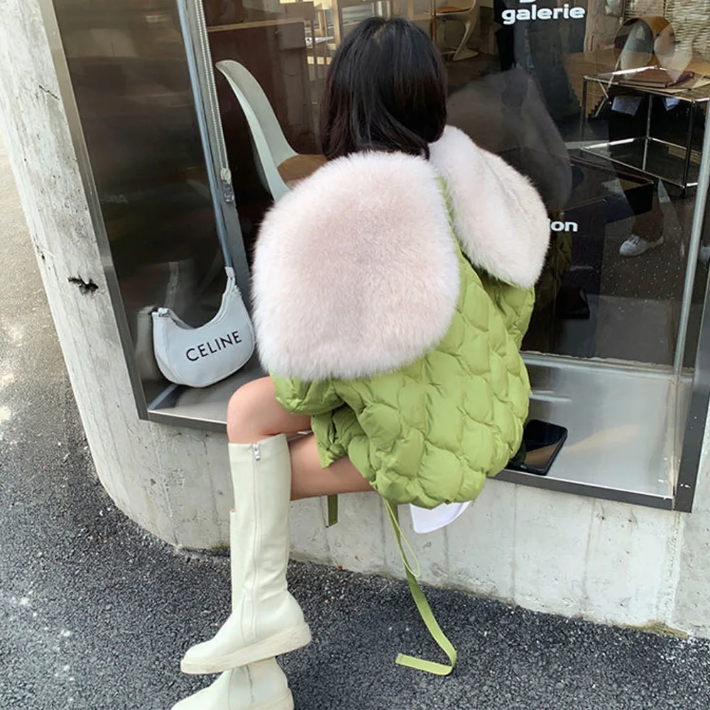 Winter Parka Short Cotton Jackets Women 2023 New Casual Chic Fresh Green Coat Lady Korean Overcoat Big Fur Collar Hooded Jackets