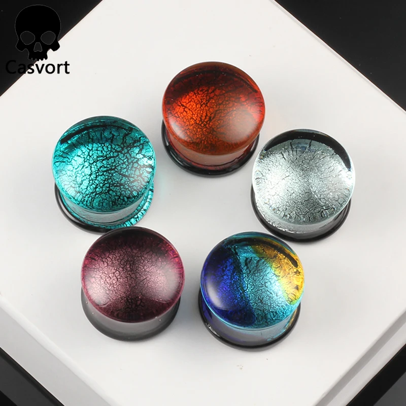Casvort 2PCS Multi Color Glass Ear Tunnels Piercing Stud Expanders Earrings Spiral Ear Plugs Strechers Fashion Body Jewelry