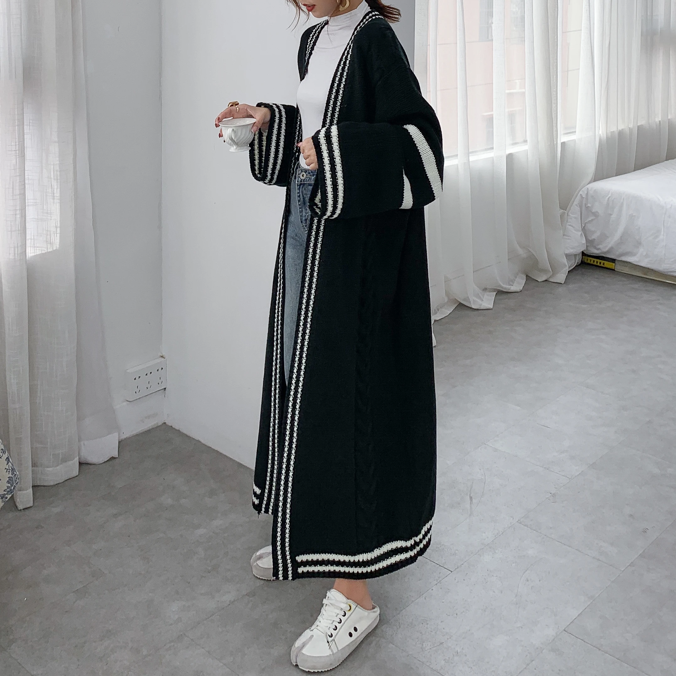 [ZAYAU]Autumn and Winter Long Thickened Sweater Coat women\'s Korean Stripe Loose Large Size Lazy Wind Knee Thick Cardigan