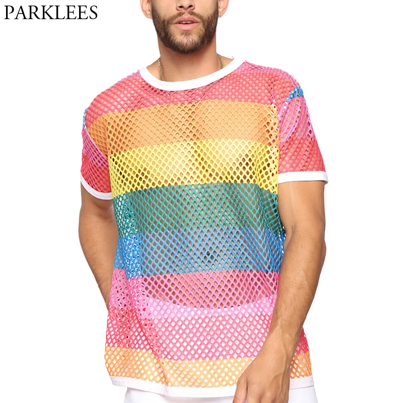 Męska Rainbow Mesh przepuszczalność kabaretki T Shirt 2021 Sexy z krótkim rękawem przezroczysty Tshirt Homme hiphopowy sweter koszulki 5XL