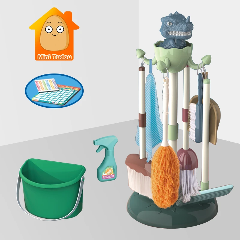 Kids Dinosaur Housework Tool Toys Plastic Cartoon Pretend Play Cleaning Broom Mop Brush Set Educational Toys For Children Gift