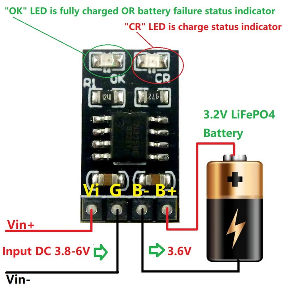 Battery Charger Module 3.2V LiFePO4 Charger Module 3.6V 1A CV/ CC With Over Voltage Protection Auto Charge Low Power Sleep Mode