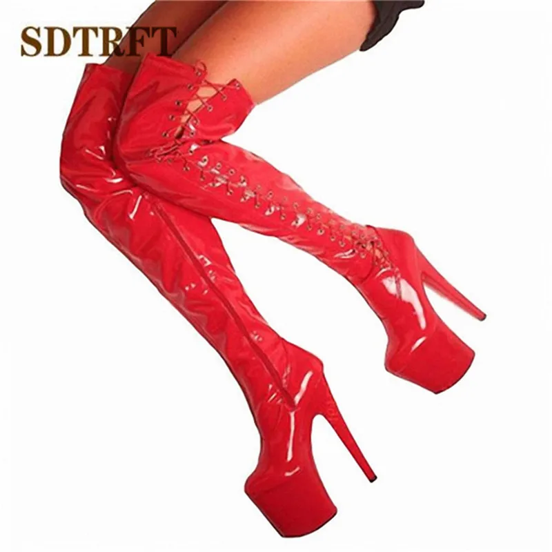 SDTRFT New botas mujer 20cm thin high heels Over The Knee Motorcycle Long boots Round Toe Lace Up shoes Woman Party Dance pumps