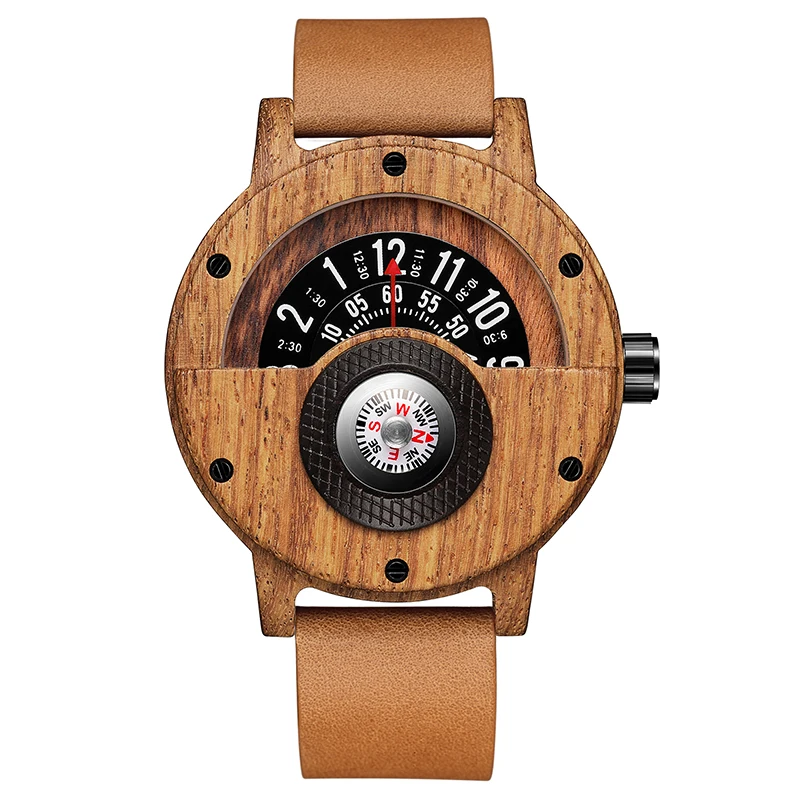 

Creative Wood Watch Unique Compass Turntable Wood Watches Men's Semicircle Dial Clock Quartz Clock Retro Hour Relogio Masculino