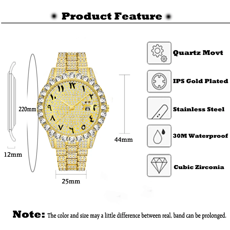 Montre Homme Luxe MISSFOX Iceout Gypsophila-Style Arabic Numbers Dial Quartz Watch Bezel with Big Diamond Wristwatch Droshipping