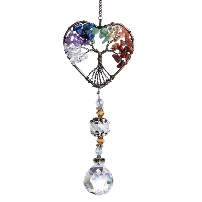 

H&D Handmade 7 Chakra Stone Healing Crystal Tree of Life Suncatcher Rainbow Maker for Indoor Outdoor Decoration Ornament Gift