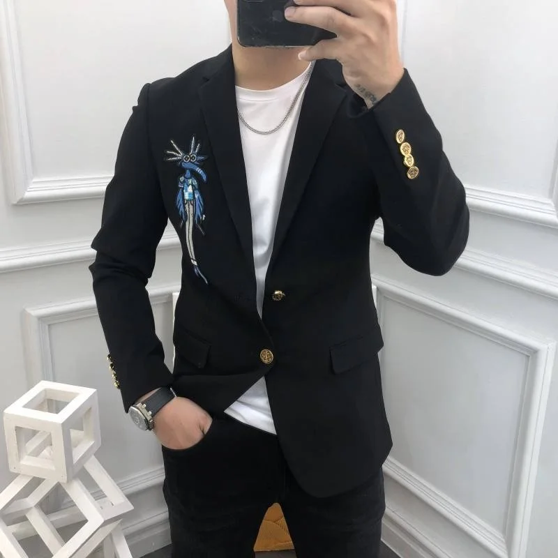 

Business Mens Casual Black Suit Jacket Fashion Embroidery Office Man Blazers Tops Single Breasted Spring Autumn Outerwear New