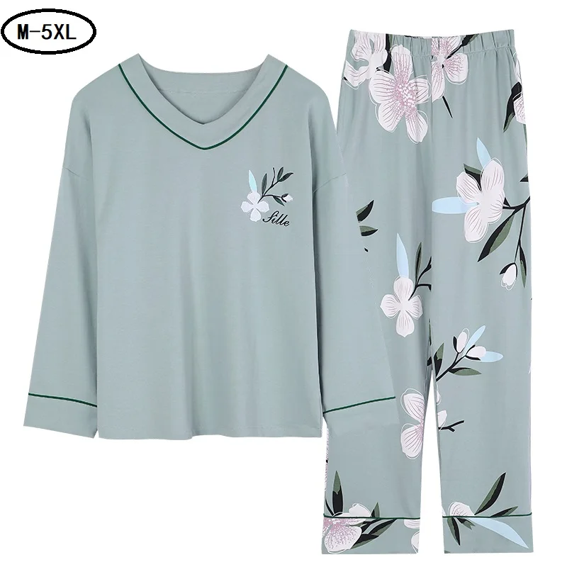 M-5XL Cotton Pajamas With Chest Pad For Women New Autumn Winter Home Clothes Loose Ladies Pijama Floral Pyjamas Suits