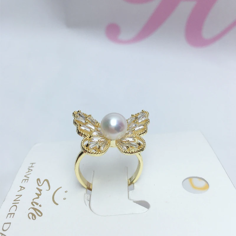 ZHBORUINI Exquisite Butterfly Pearl Ring AAA Zircon Natural Pearl 14K Gold Gild Diamond Design Female Ring Jewelry For Woman