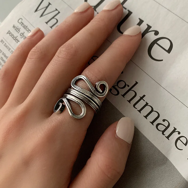 Sliver Color Creative Simple Rhombus Adjustable Rings For Women Vintage Irregular Twist Exaggerated Punk Handmade Party Jewelry