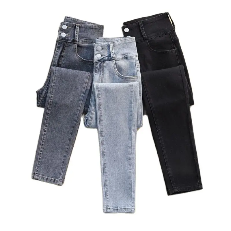 Fashion Women Solid color Pants 2021 Spring New High-waist double-breasted stretch denim Pencil pants A460