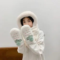 Cute Female Hat Strawberry Scarf Ear Protection Warm Scarf Winter Riding Windproof Gloves Plush Three-piece Female Beanie
