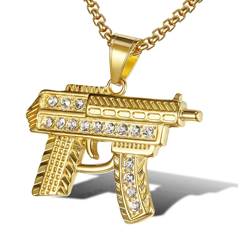 Hip Hop Rhinestones Paved Bling Iced Out Solid Stainless Steel CS GO Submachine Gun Pendants Necklace for Men Rapper Jewelry