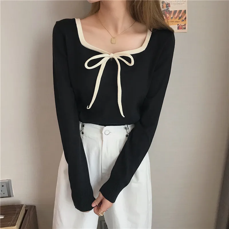 Knitwear Women Autumn Winter Black Tight-fitting Slim Long-sleeved Sweater Top 2022 New Slim Style Outer Wear Bottoming Shirt