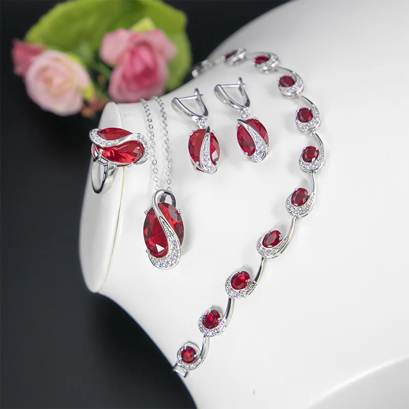 Green Emerald 925 Sterling Silver Jewelry Sets For Women Sapphire Topaz Garnet Bracelet Necklace Earrings Ring Pendant