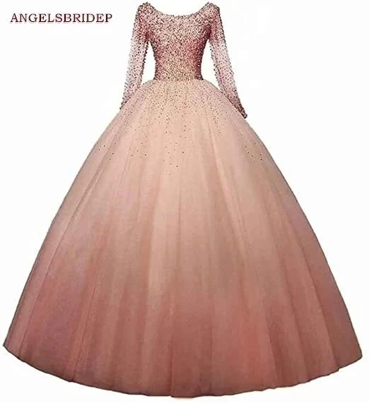 ANGELSBRIDEP-vestidos de Quinceañera de manga larga para 15, vestidos formales de fiesta con cuentas de tul brillante, dulces 16, vestidos de fiesta de cumpleaños