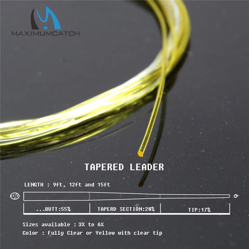 Maximumcatch Flat Butt Tapered Leader Fully Clear/Yellow With Clear Tip Fly Fishing Leader Line 9ft/15ft 3X-5X