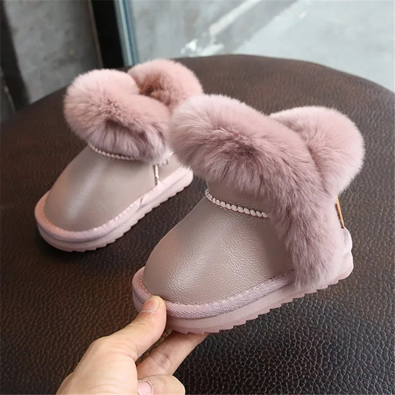 2021 New Winter Girls Boots Leather Princess Warm Plush Cotton Kids Shoes Non-slip Fashion Toddler Baby Shoes 15-25