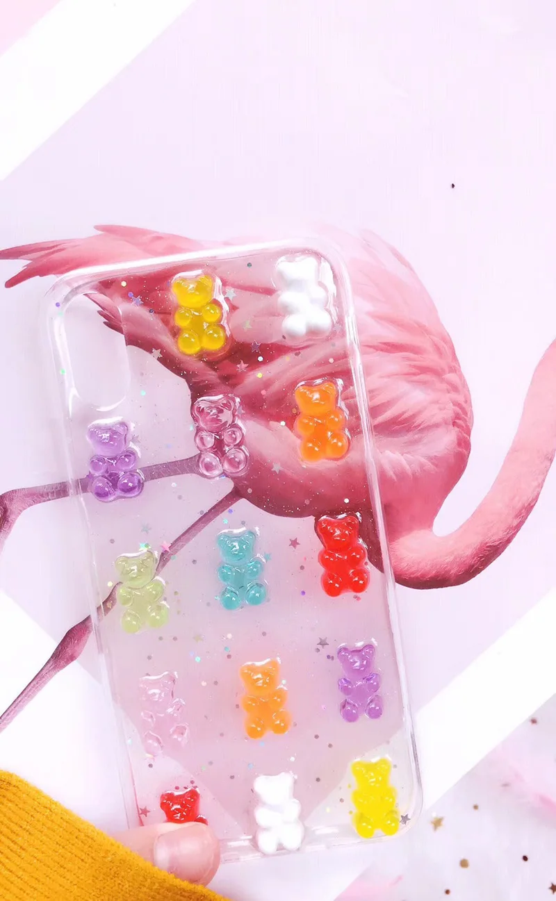 Cute 3D Stereo Candy Gummy Bear Glitter Phone Case For iPhone 15 14 13 12 11Pro Max X XS Max XR 11 13 Promax 14 15 Plus Cover
