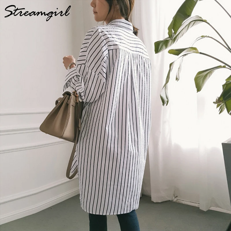 Oversize Blue Striped Shirt Women Tunic 2021 Autumn Cotton Blouse Office Tunic for women White Shirt Oversize Long Sleeve Shirts