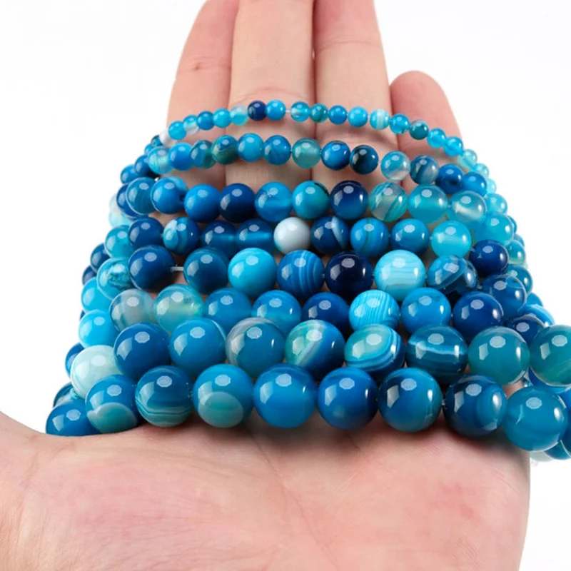 Blue Stripe Agate Beads Jewelry Accessories Natural Loose Spacer Bead for Making Bracelet 4 6 8 10mm