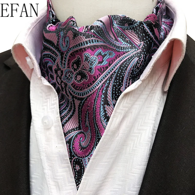 Solid Black Men Vintage Cashew Floral Wedding Formal Cravat Ascot Scrunch Self British Gentleman Silk Woven Neck Tie