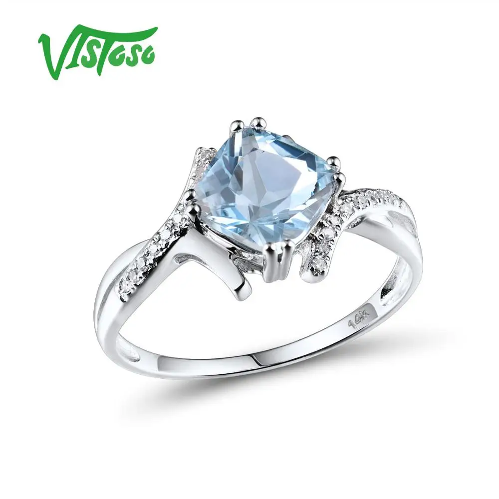 VISTOSO Gold Rings For Women Genuine 14K 585 White Gold Ring Sparkling Diamond Sky Blue Topaz Wedding Anniversary Fine Jewelry