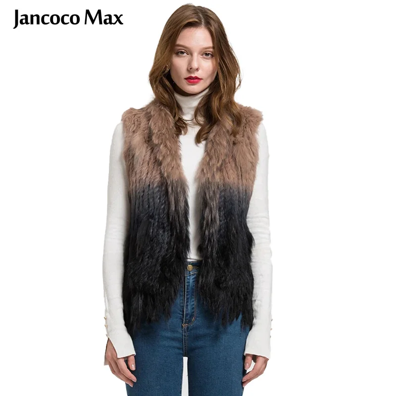 Jancoco Max Popular Real Fur Vest Women Genuine Rabbit Fur Knitted Gilet Winter Fashion Waistcot & Raccoon Fur Collar Trim S1718