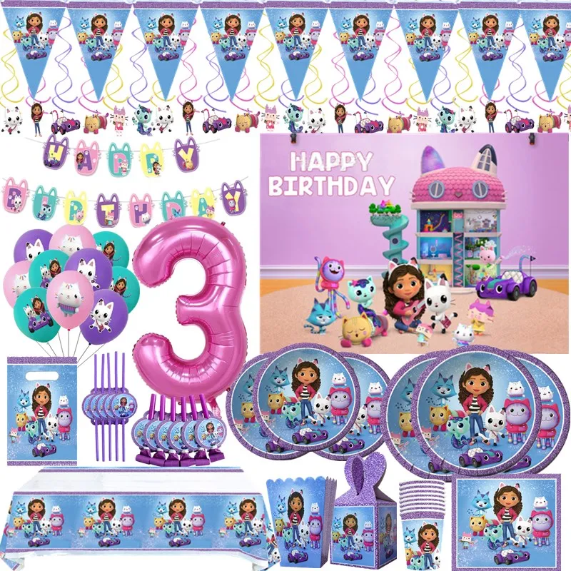 

Cartoon Dollhouse Party Supplies Paper Banner Tablecloth Cup Balloons Gabby Girl Cat Theme Baby Shower Birthday Party Decoration
