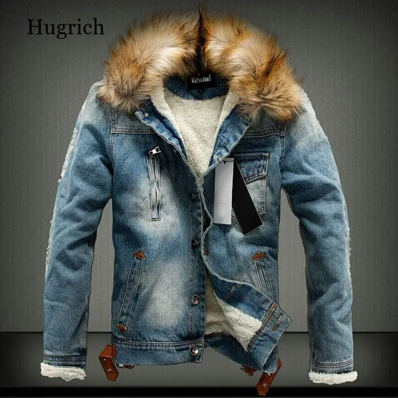 

2021 Men Light Blue Winter High Quality Jean Jackets Outerwear Warm Denim Coats Wool Liner Thicker Winter Denim Hooded Clothes