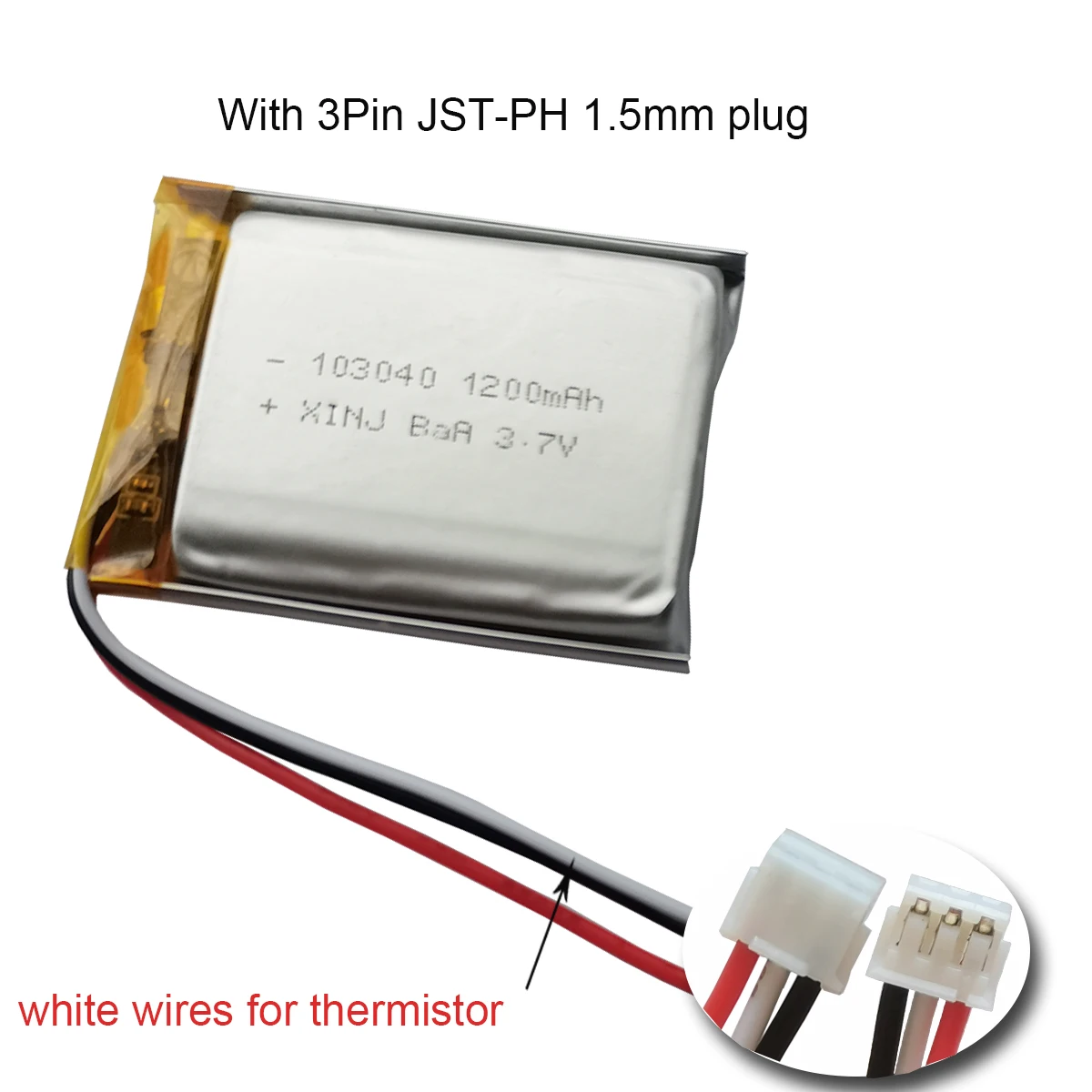 3.7V 1200 mAh Rechargeable 3-Wires Thermistor NTC Polymer Li Battery 103040 3pin 1.5/ 2.0/ 2.54 For DashCam GPS Driving Recorder