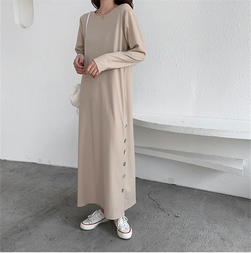 LMQ New Hot Sale Casual Women Side Slit O-Neck Buttons Cotton Long Sleeve Loose Long T Shirt Evening Party Beach Oversize Dress